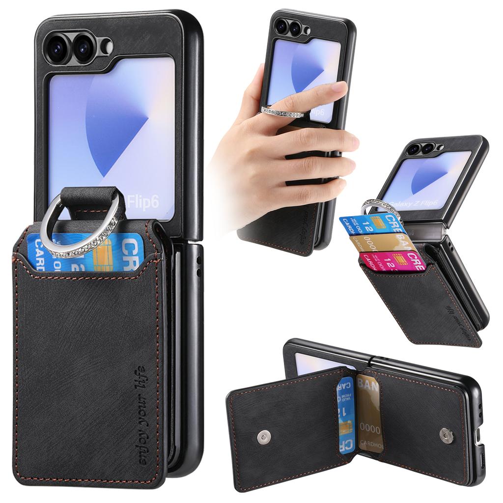 Vertical Cards Solt Wallet Leather Case for Samsung Galaxy Z Flip 7 FE 6 5 4 3 5G Ring Holder Flip6 Flip5 Pocket Bag Stand Cover