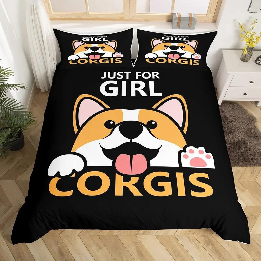 Kinder Corgi Hund Bettwäscheset King Queen Größe Niedlicher Welpe Bettbezugset Cartoon Haustier Tier Bettdeckenbezug Mikrofaser Steppdeckenbezug
