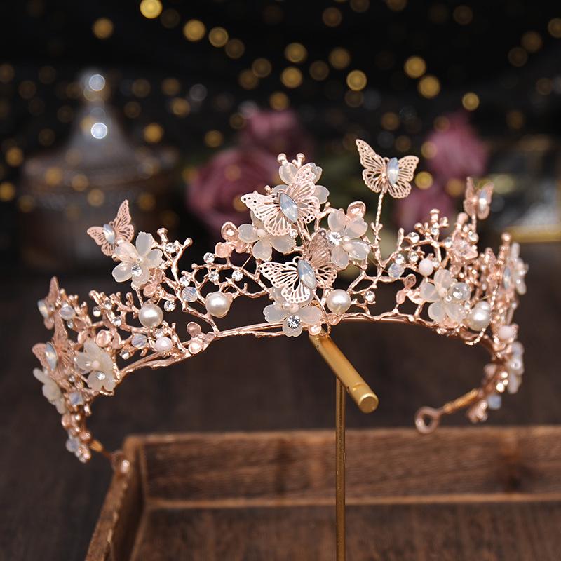 Vintage Gold Blume Schmetterling Braut Tiara Kronen Barock Perle Festzug Diadem Kopfschmuck Haarschmuck Hochzeit Haarschmuck