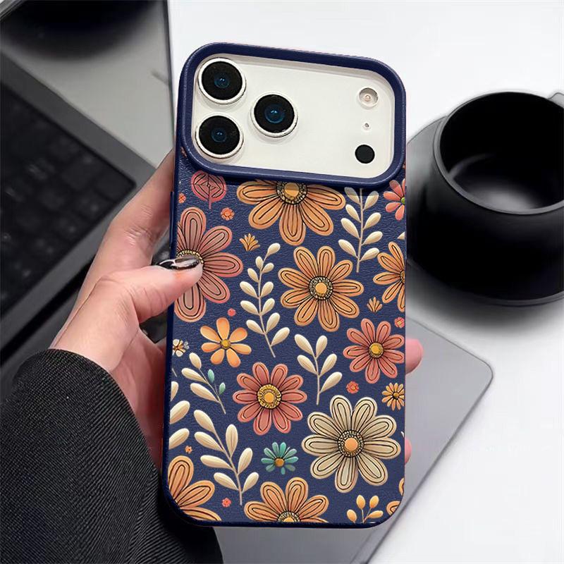 Minimalist Full-Coverage Line Art Daisy Pattern Shockproof Soft TPU Leather Texture Cover Case for iPhone 17 Pro Max Air 16e 16 15 14 13