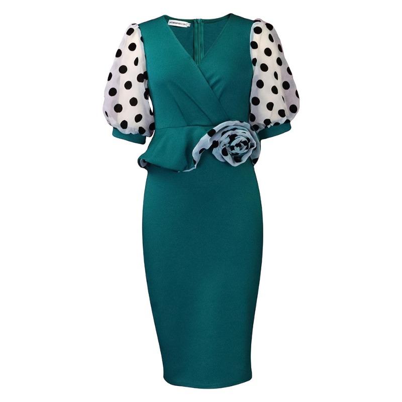 Plus Size Women Fashion V Neck Mesh Patchwork Midi Pencil Dress
