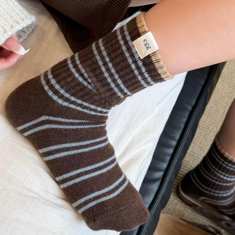 Korean Egg Cloth Label Warm Striped Socks Sheep Wool Mid-Leg Socks Women Versatile Atmosphere Stacked Socks