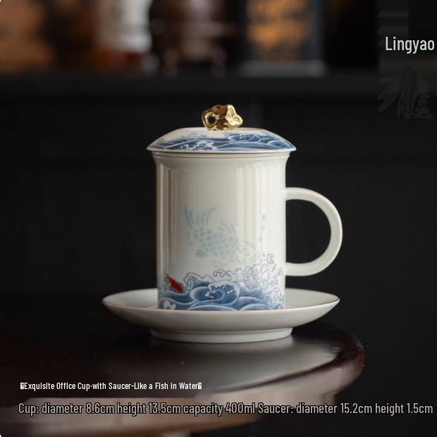 Exquisite Mutton Fat Jade Office Tea Cup Set with Lid & Filter