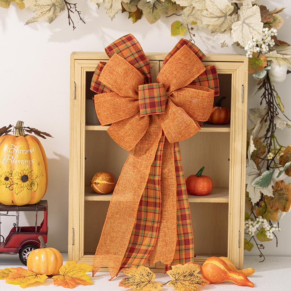 3pcs Large Fall Bows, Pumpkin Plaid Print Bows For Wreaths, 11"x19.7" Thanksgiving Ribbon Bows For Home Indoor Outdoor Decoration Ornament