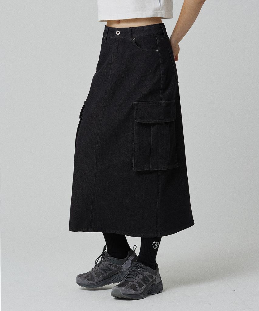 Mc Wood Gun Ronas 7994 Big Pocket Black Denim Long Skirt