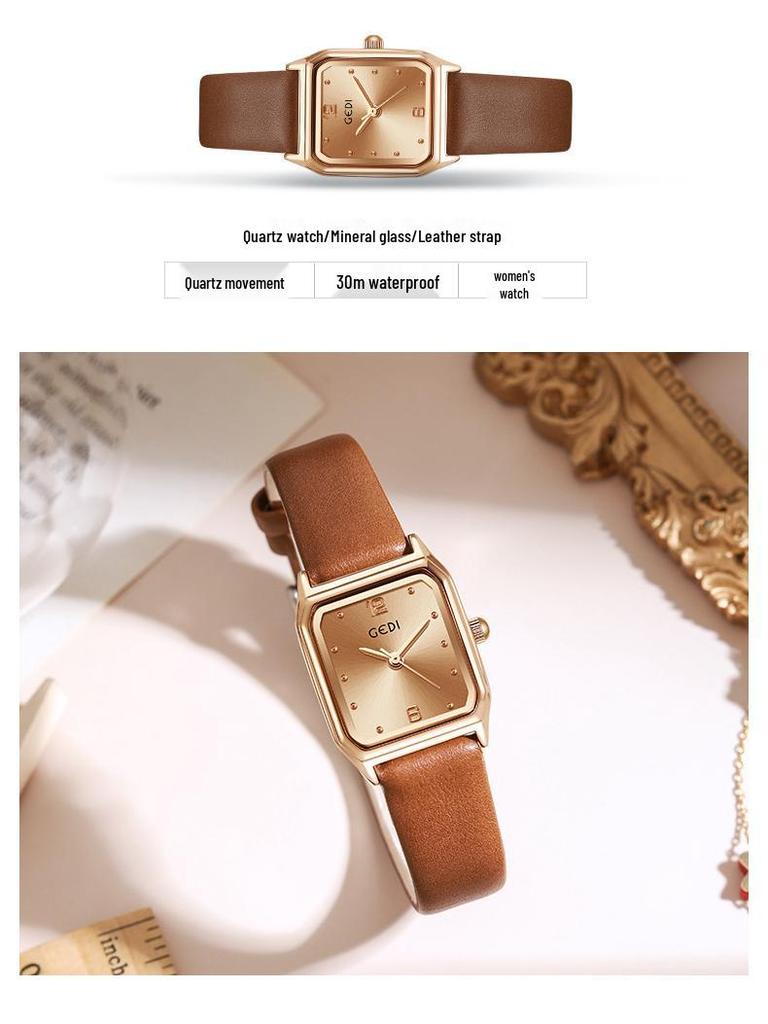 Gedi Women's Square Dial Leather Strap Quartz Waterproof Watch