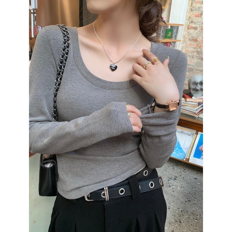 White knitted bottoming shirt women's new autumn and winter round neck inner long-sleeved slim-fitting low-necked Spice Girl top