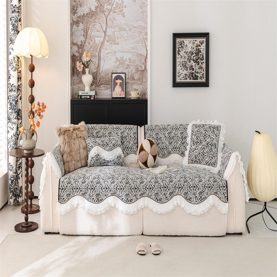 Chenille Skirt Sofa Cushion New Four Seasons Small Fresh Cream Style Sofa Cushion Fixed Non-Slip Cover Cloth