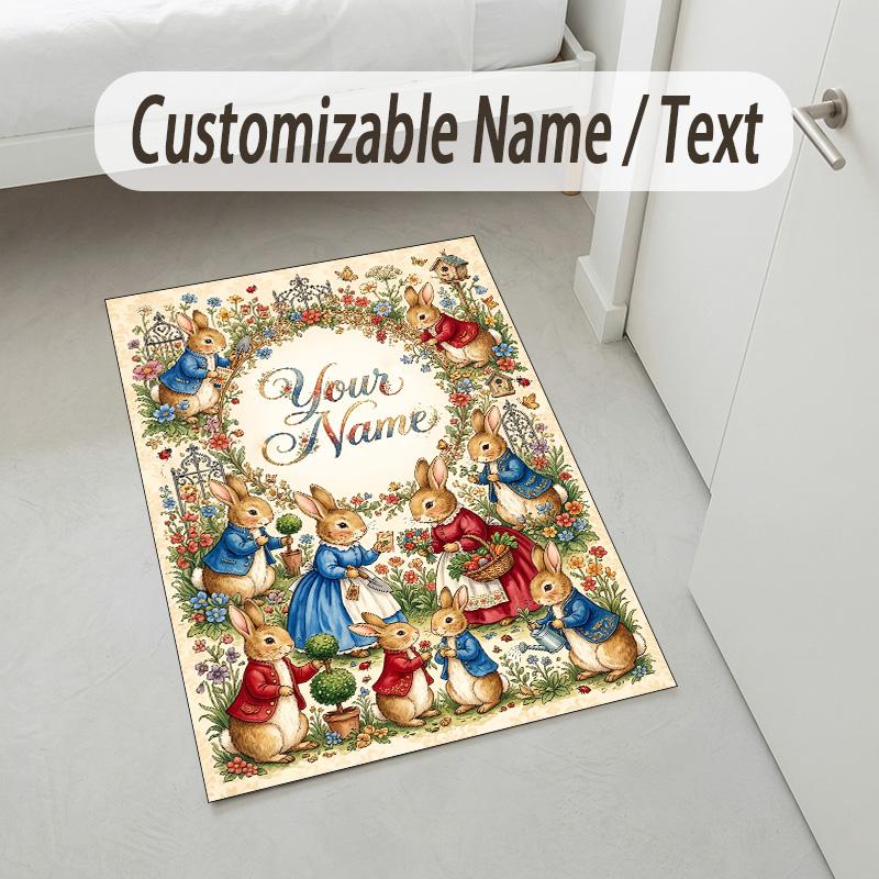 Easter Bunny Theme Crystal Velvet Rug Personalized Custom Name Text Soft Floor Mat Home Decor