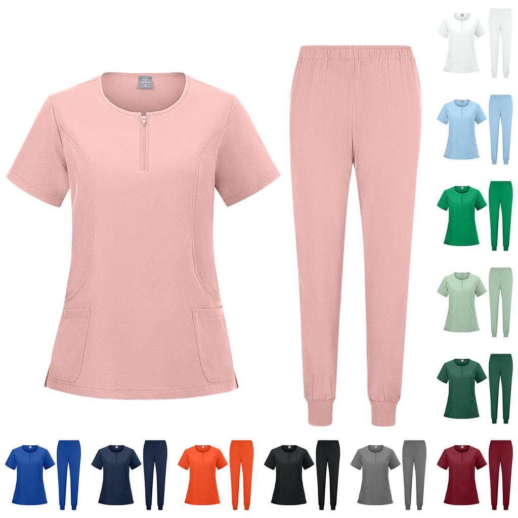 Damen Set V-Ausschnitt Kurzarm Top mit Taschen und Kordelzug Hose Schnelltrocknende Uniform