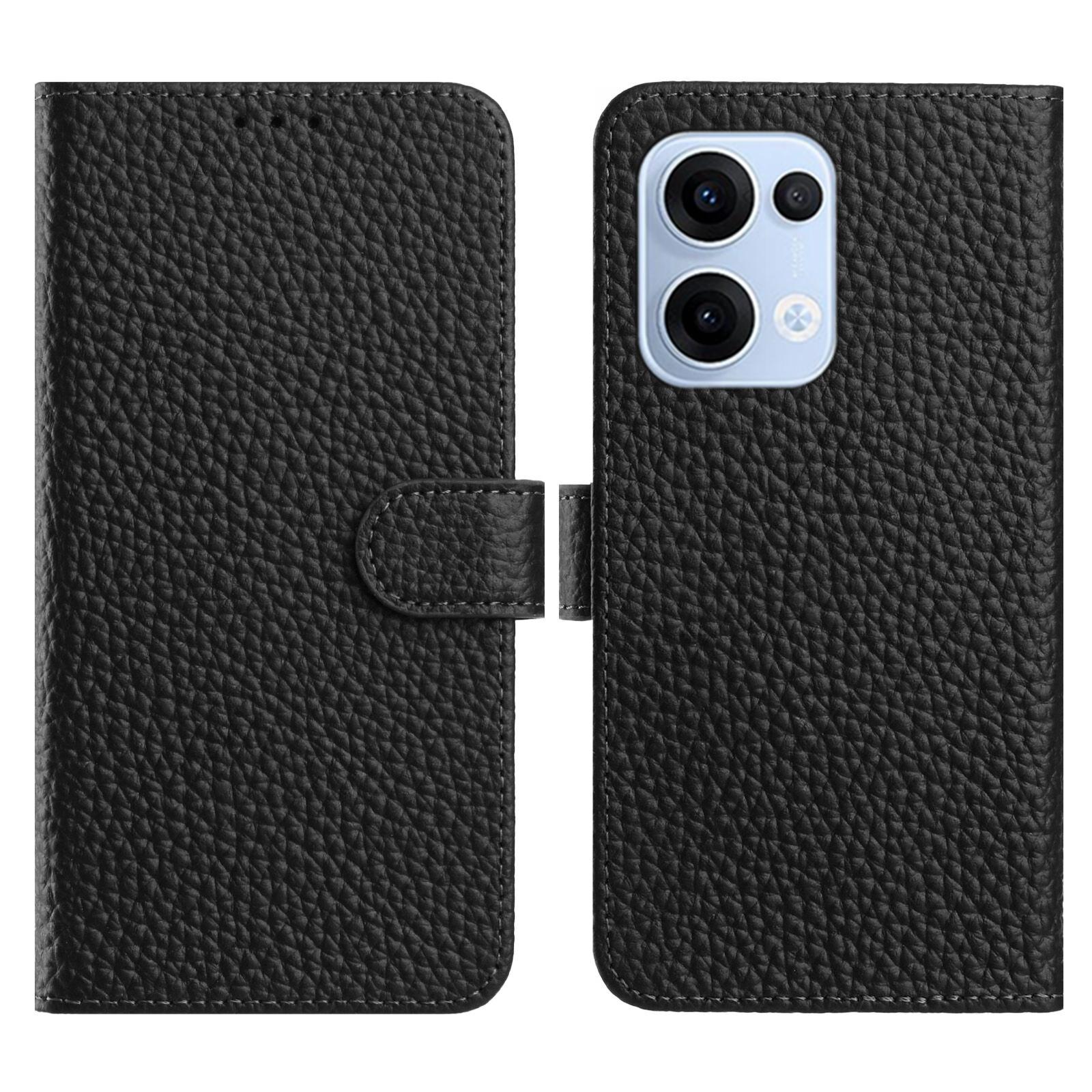 

For Oppo Reno13 5G (Global) Case Wallet Stand Litchi Texture Genuine Cow Leather Flip Phone Cover Black