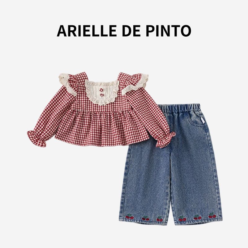 French Arielle De Pinto Girls  Autumn Lace Red Plaid Doll Shirt and Cherry Embroidered Jeans Two-Piece Set Red Grid 90