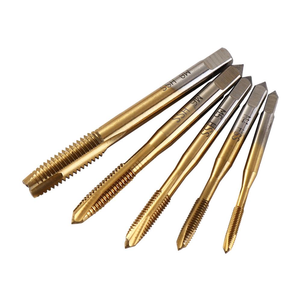 5PCS Titanium Coating Screw Tap Straight Flute Metric Machine Screw Threaded Tap Spiral Point HSS Tap Drill Set Hand Tools