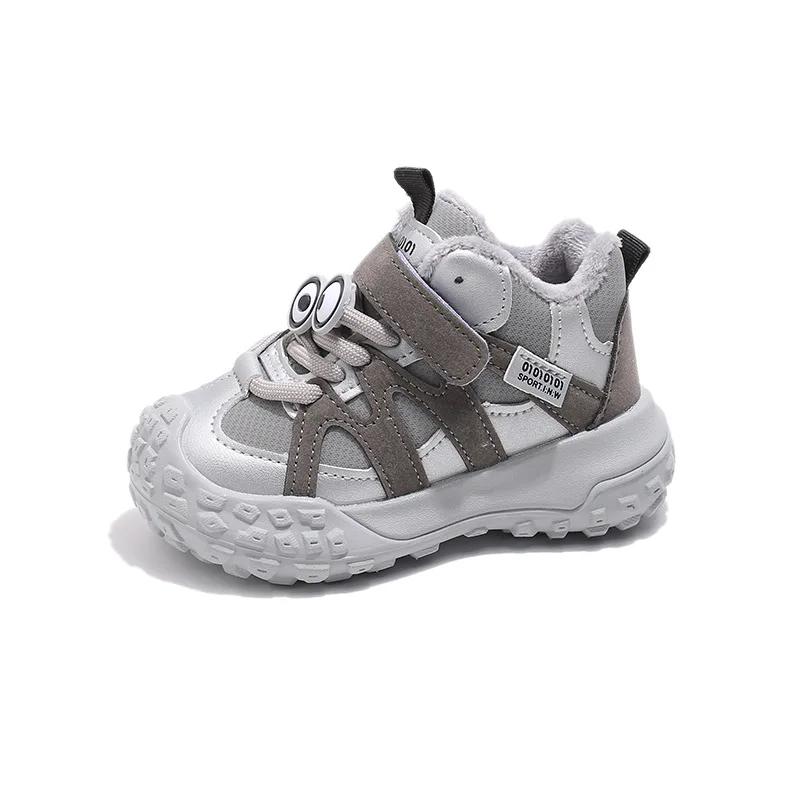 Boys Girls Running Shoes with Cute Eyes Kids Sneakers Thick Soft Sole 2024 New Fashion Children Sports Shoes with Fur Hook&loop