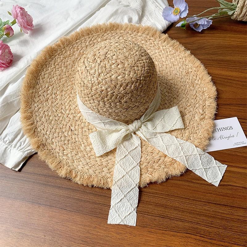 

Соломенная шляпа Лафит с бантом женская летняя с большими полями солнцезащитная шляпа от солнца для пляжного отдыха на море плетеная шляпа L（58-60cm） белый