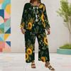 Women Plus Size Two Piece Pants Set Round Neck Long Sleeve Printed Dark Blue Layered Top Wide Leg Pants