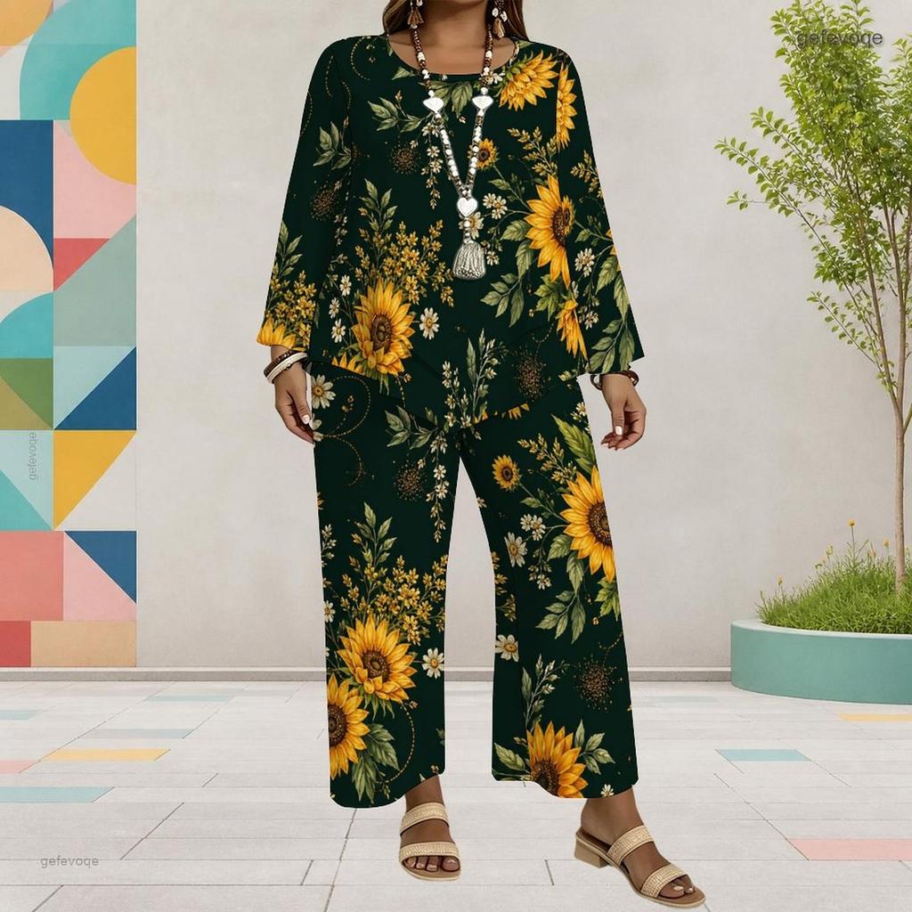 Women Plus Size Two Piece Pants Set Round Neck Long Sleeve Printed Dark Blue Layered Top Wide Leg Pants