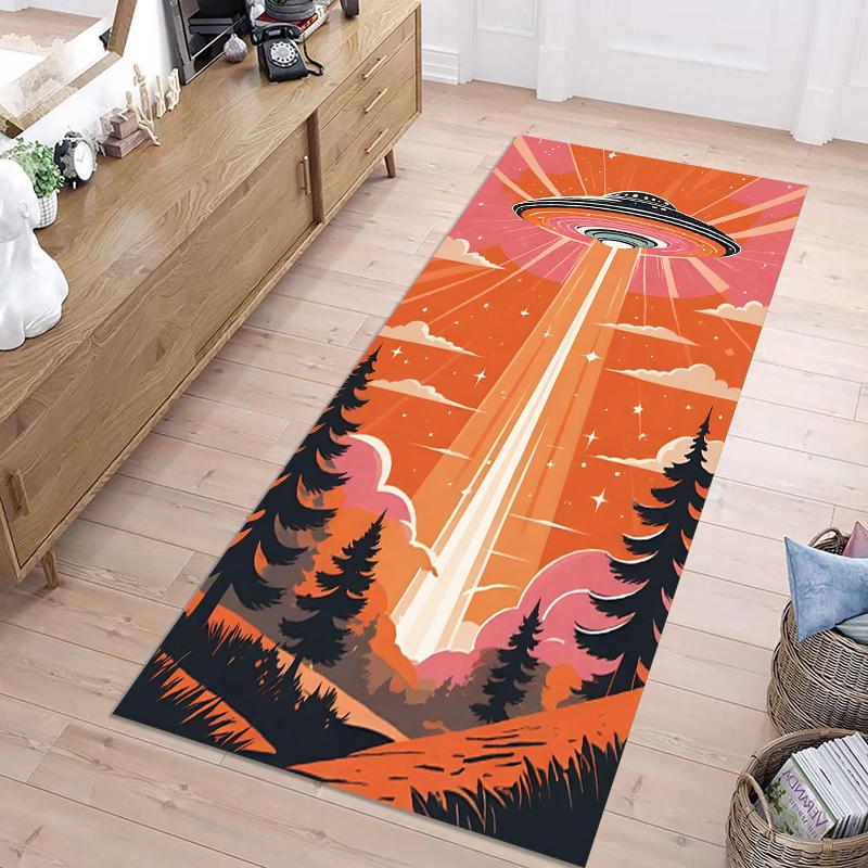 Runner Rug Retro UFO Alien Print Sci Fi Forest Pattern Hallway Entryway Home Decor Washable