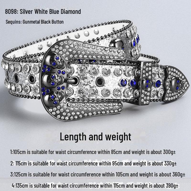 Curea de lux cu cataramă cu strasuri și craniu închis la culoare, cu paiete și diamante