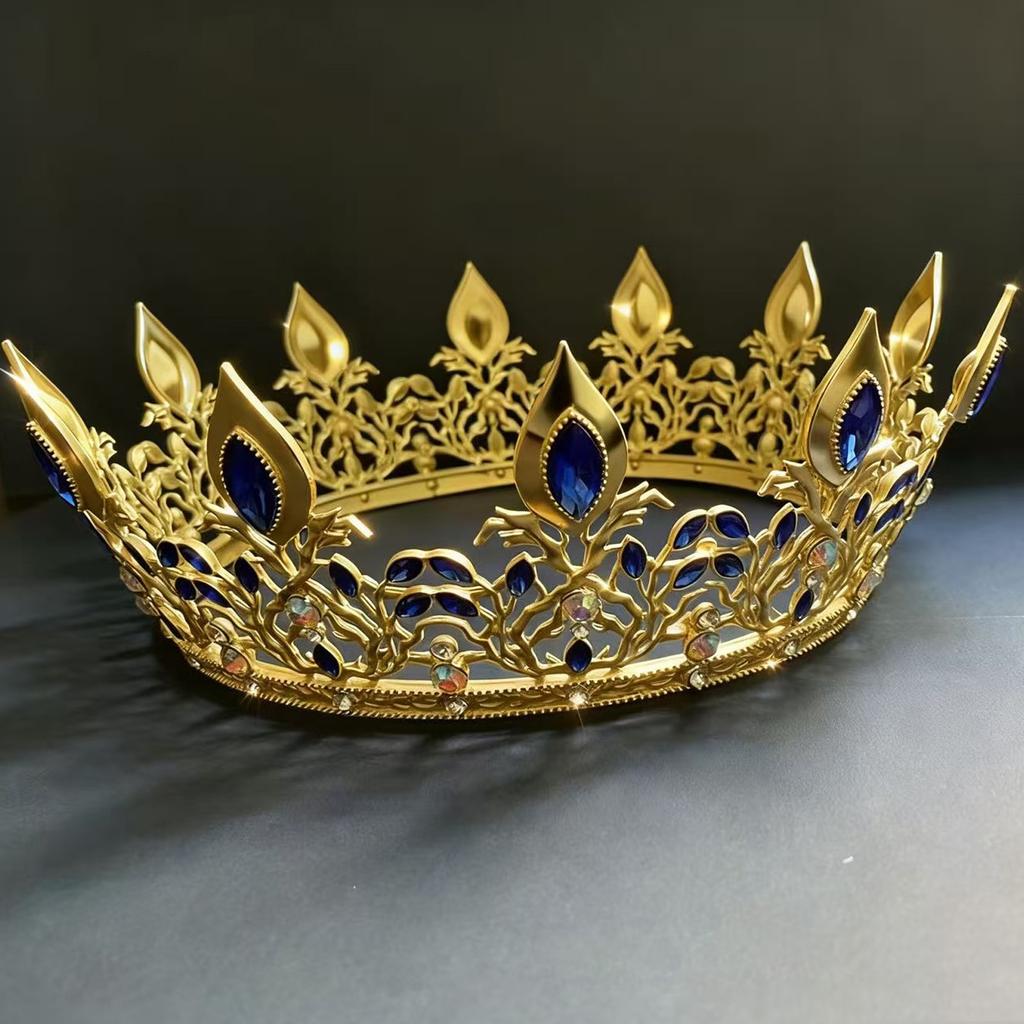 Vintage Gold Crown With Blue Crystal Decoration Comfortable To Wear For Women Daily Party Headwear