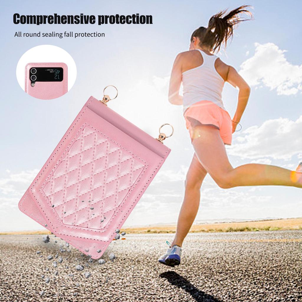 Samsung Z Flip Leather Flip Cover with Card Holder, Lanyard, Mirror, Anti-Theft - Compatible for Z Flip5, Flip4, Flip3.