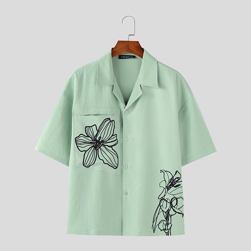 

INCERUN S-XXXXXL Men Lapel Drop Shoulder Floral Print Buttons Casual Oversized Shirts 5XL зелёный
