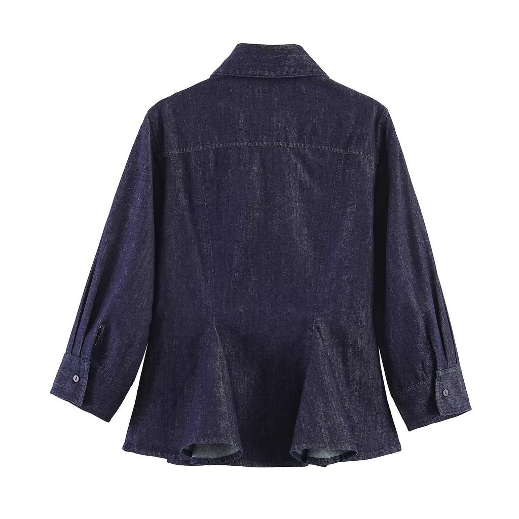 Women Lapel Button Long Sleeve Shirt Skirt‑Style Hem Solid Color Casual Blouse Top