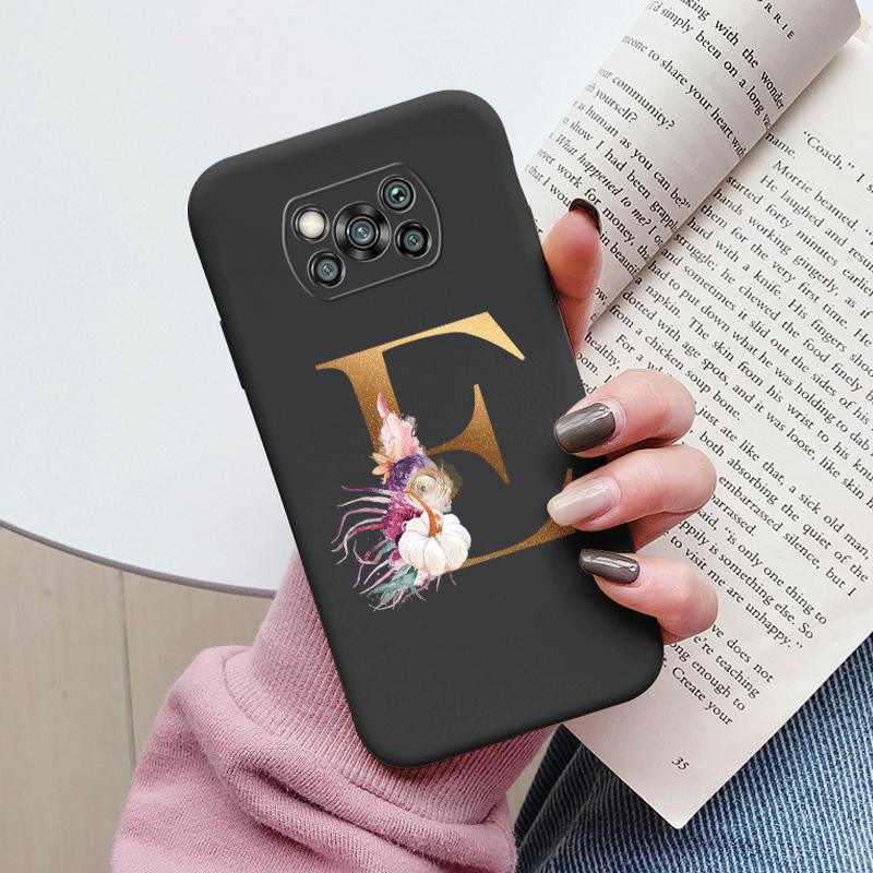 Letter Case For Poco X3 NFC PocoX3 Pro Back Cover Retro Flowers Pink Black Soft TPU Initial Fundas For Xiaomi Poco X 3 Pro Coque