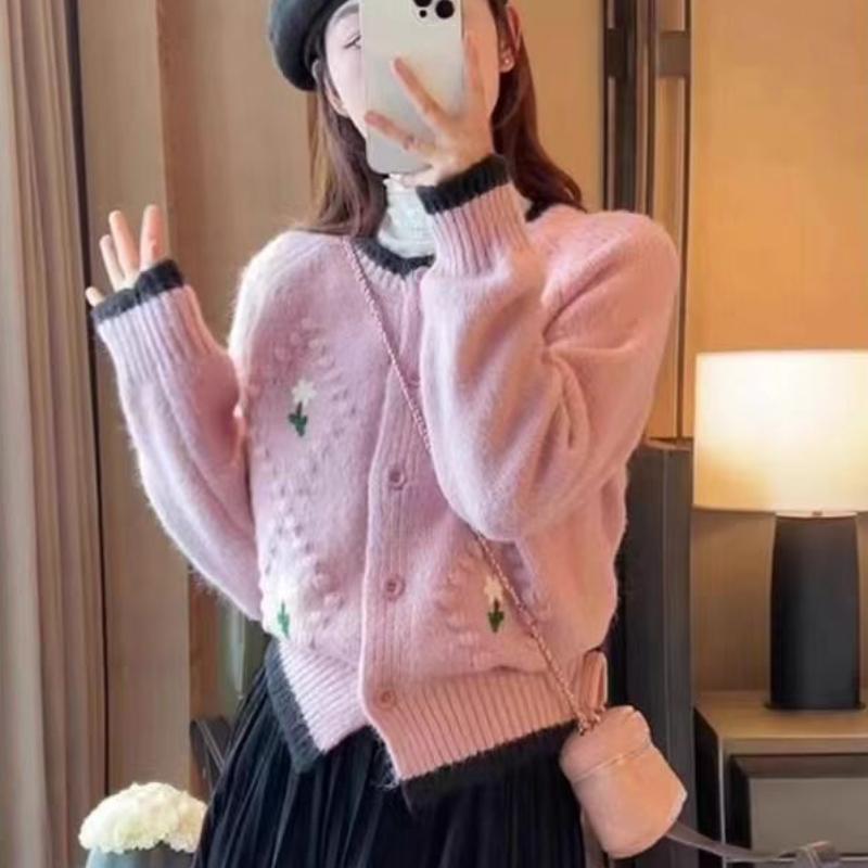 

Women s 3D Embroidered Flower Sweater Coat Autumn Winter Thickened Outerwear Knitted Cardigan S рожевий