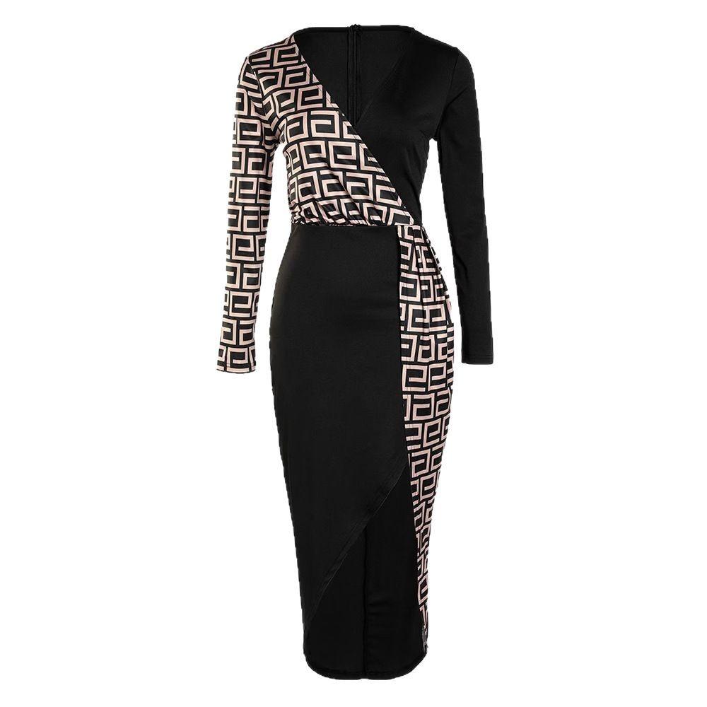 High Waist Skirt Set Black, Hip Wrap Bottom Medium Long Dress Long Sleeve Black Color Matching, Temperament Commuter Dress