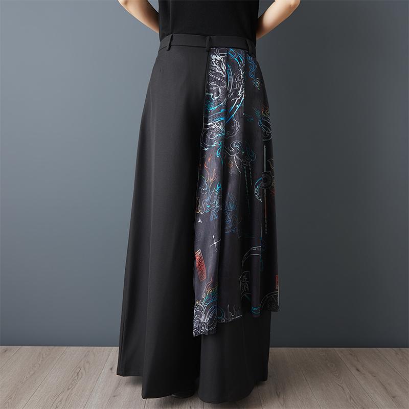 Talla grande Vintage negro floral Cintura alta Casual holgado largo Verano pierna ancha Pantalones de falda Mujer Pantalones