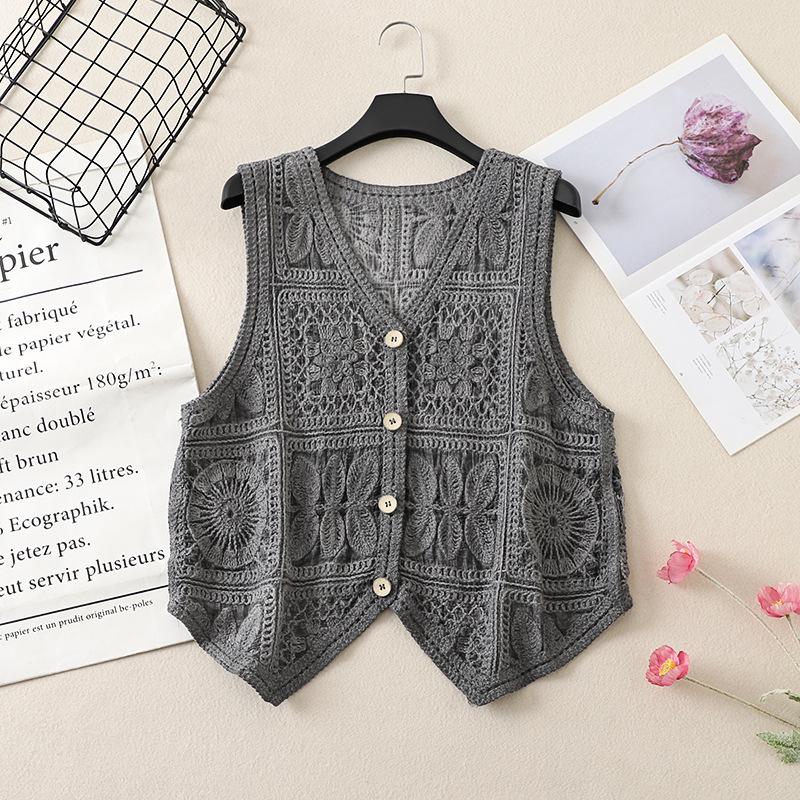 

Women s Spring/Summer V-Neck Sleeveless Lace-Up Knit Vest with Crochet Design M