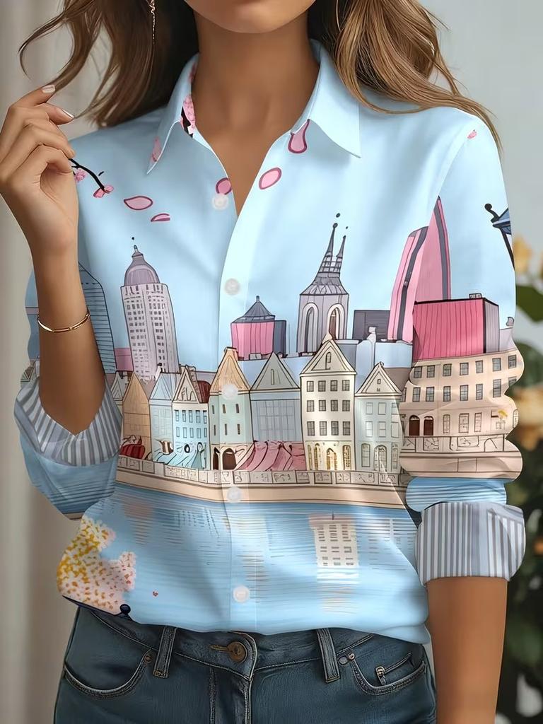 2026 Women's Shirts Gradient Graphics Print Blouse Lapel Neck Blouse Women's Long Sleeve Shirts Womens Clothes Female Clothing