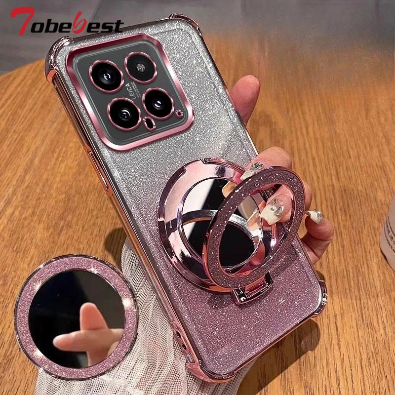 Glitter Shockproof Silicone Case For Xiaomi Mi 15 14 14T 13 12 Pro 12X 12S Mirror Magnetic Holder Stand Soft Cover