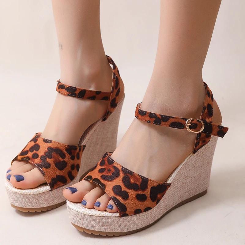 Fashion Vintage Leopard Print Platform Sandals for Women Summer Buckle Wedge High Heel Sandal Female Outdoor Anti-Slip Sandalias Mujer