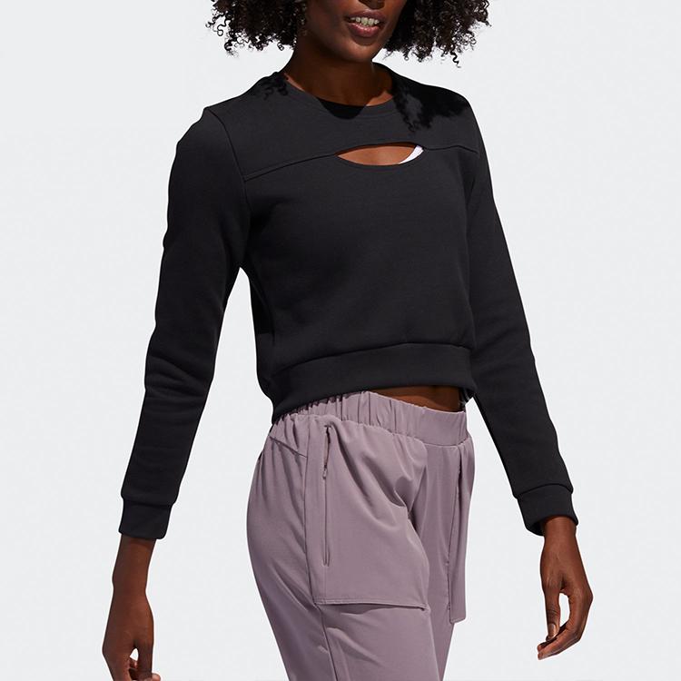 Adidas Training Sports Crew Neck Cropped Sweatshirt Women Tops Black FL2059