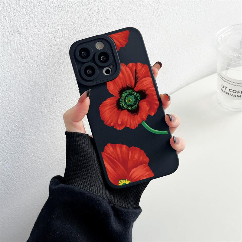 Poppy Flower Bloom Phone Case Black Color For iPhone 7 8 Plus SE2 13 12 11 14 Pro Max X XR XS Soft Silicone Cover Funda Shells