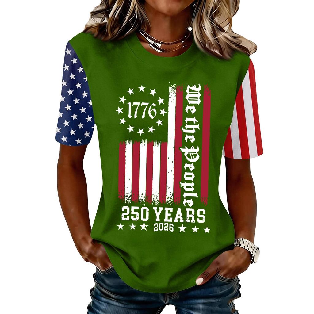 Blusa Feminina da Moda Casual de Manga Curta com Estampa e Gola Redonda