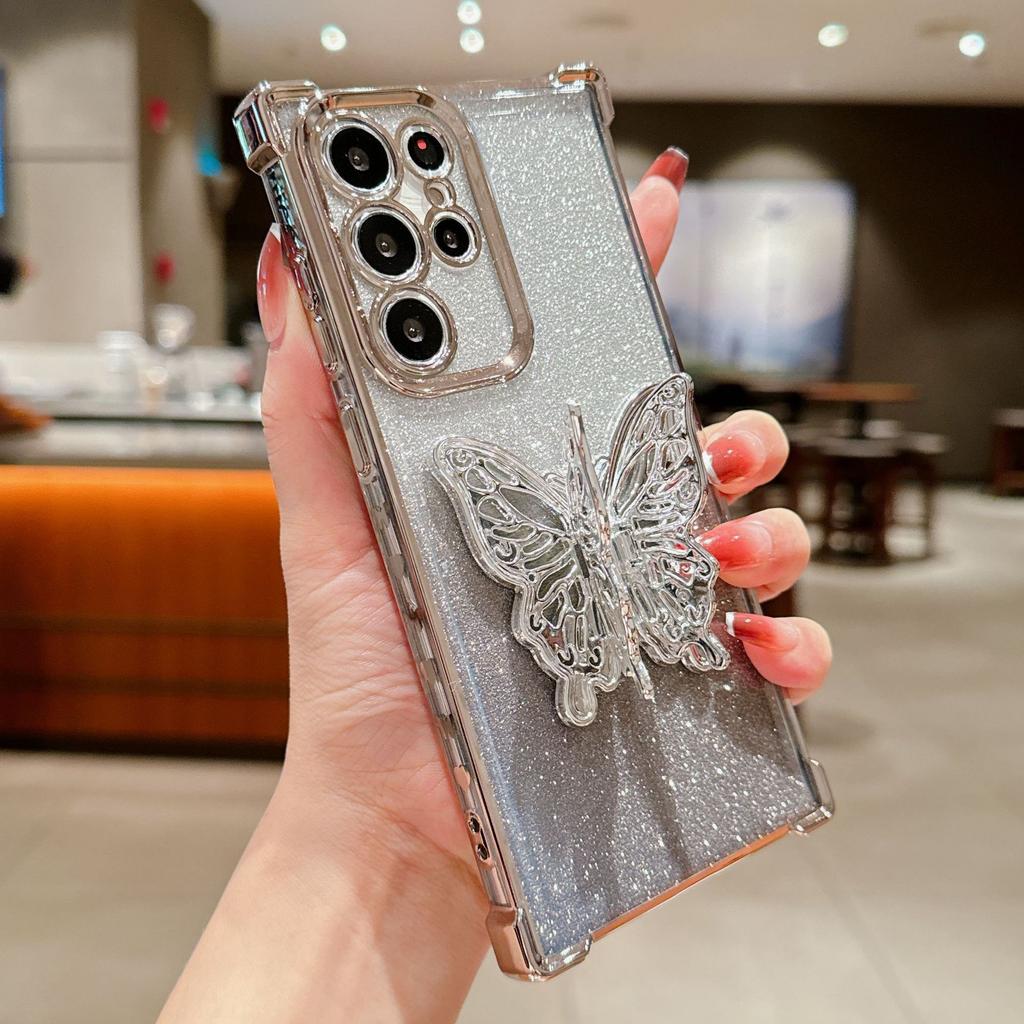 Applicable to Samsung S24Ultra mobile phone case electroplating anti-drop space case gradual change glitter paper butterfly bracket protective case