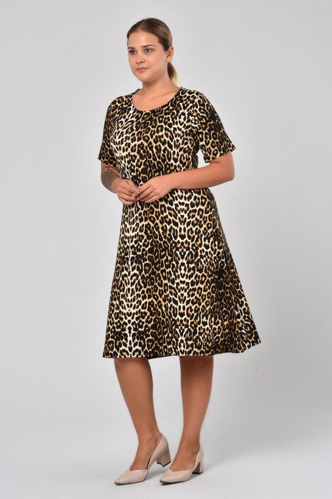 Women's Big Size Dress Short Sleeve Black Leopard Patterned Dress