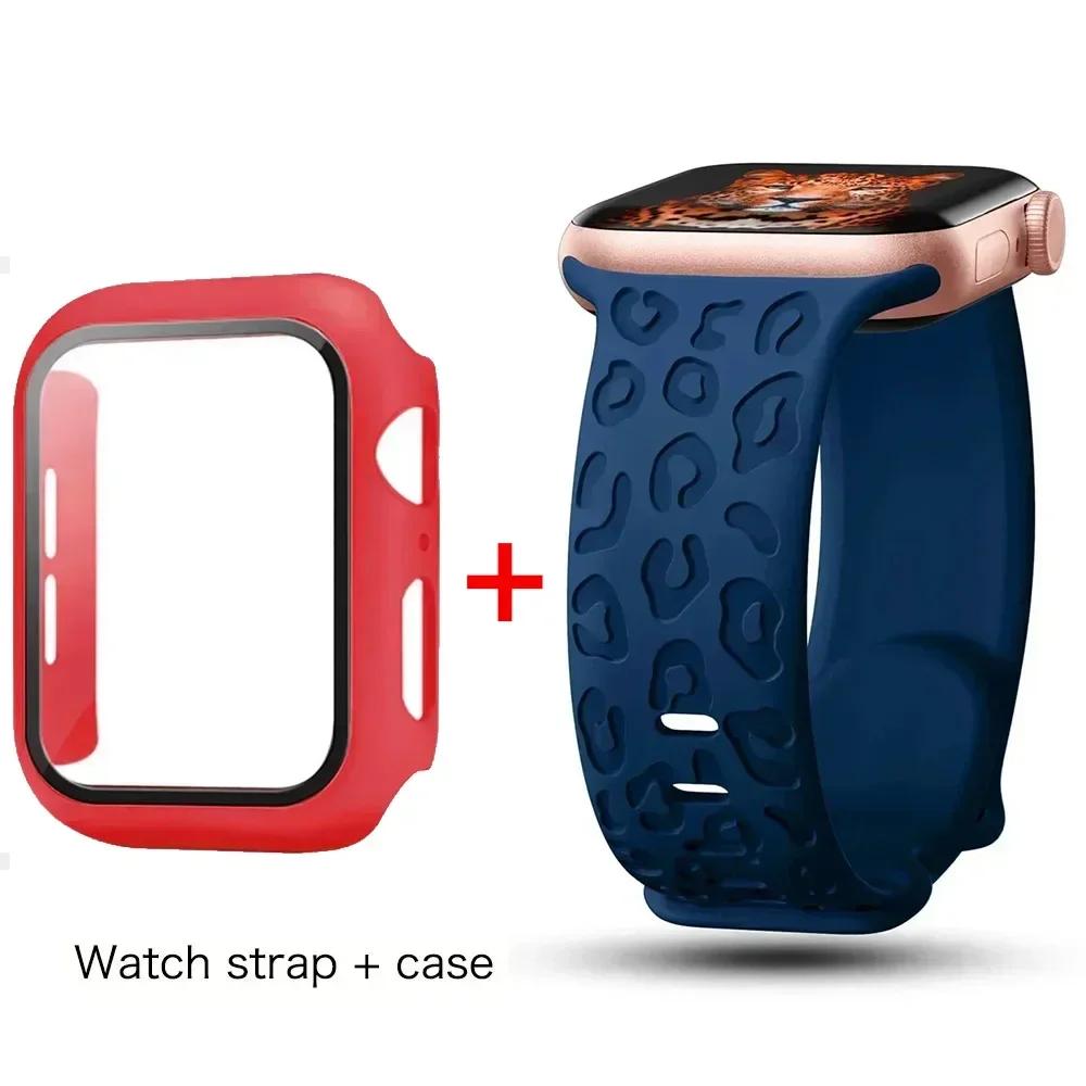 Glass+Case+Strap for Apple Watch Band 45mm 44mm 41mm 40mm Engraved Leopard belt for Apple IWatch Series 10 8 7 6 SE 5 46mm 42mm