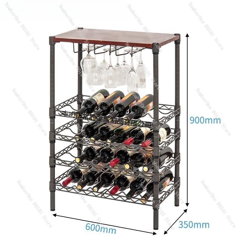 Multi-Layer Red Wine Storage Rack with Hanging Wine Glass Holders, Wooden Top Layer for Display, Elegant Wine Rack Home Bars