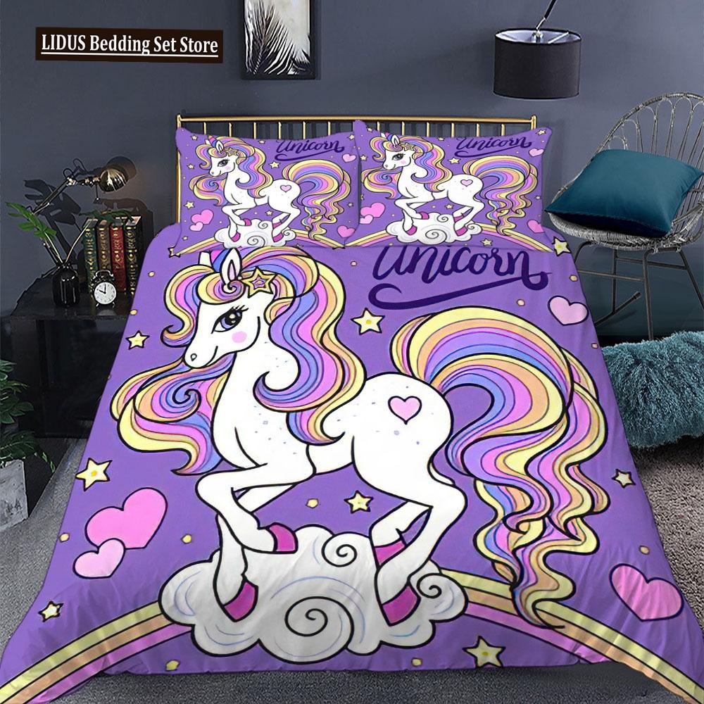 Zestaw poszwy na kołdrę Jednorożec Rozmiar King Queen Różowy Nadruk 3D Słodki Jednorożec Gwiazda Tęcza Chmura Dla Dzieci Dziewcząt Chłopców Poliestrowy Zestaw Pościeli