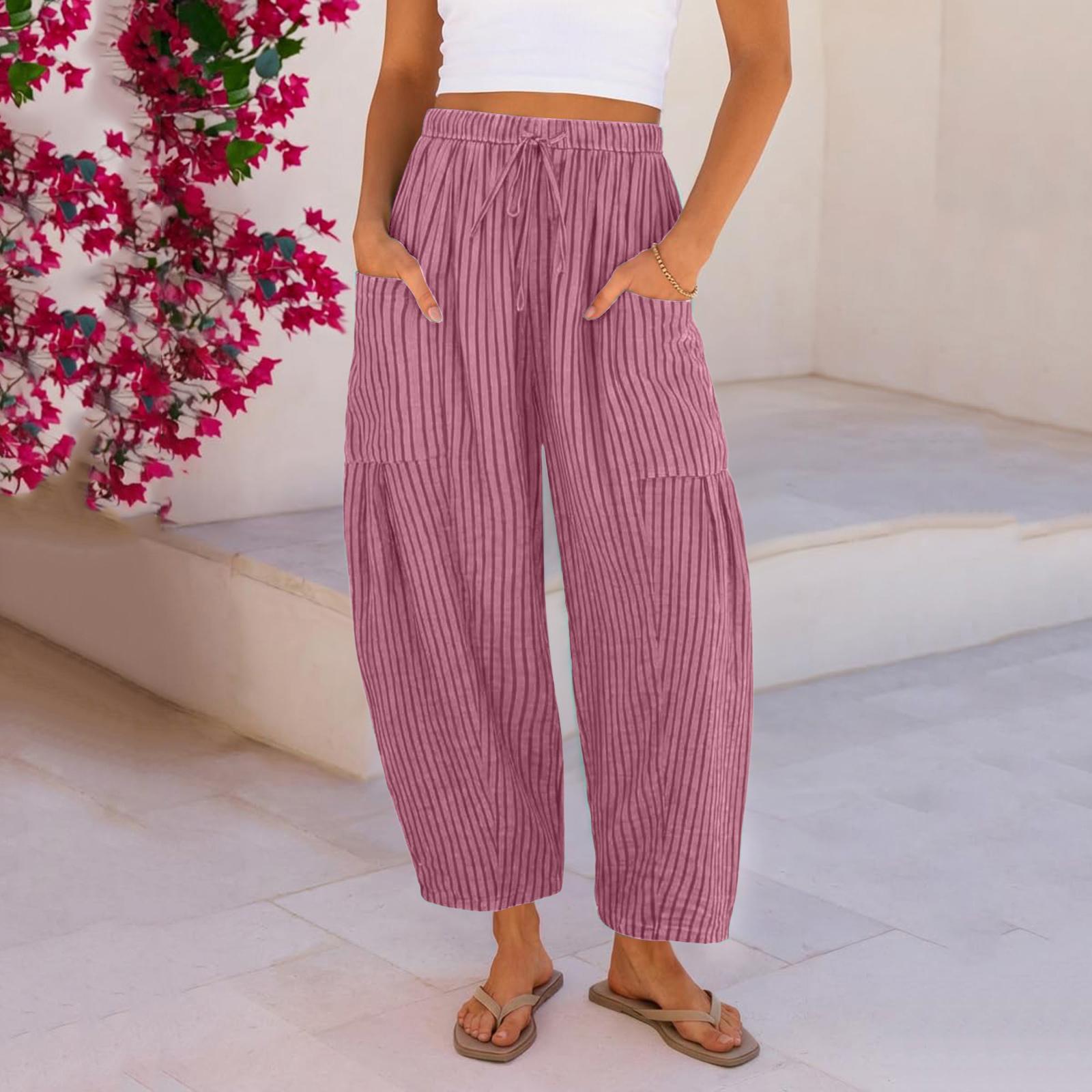 

Women s Casual Relaxed Fit High-Waisted Belted Pocket Cotton-Linen Blend Trousers XL рожевий