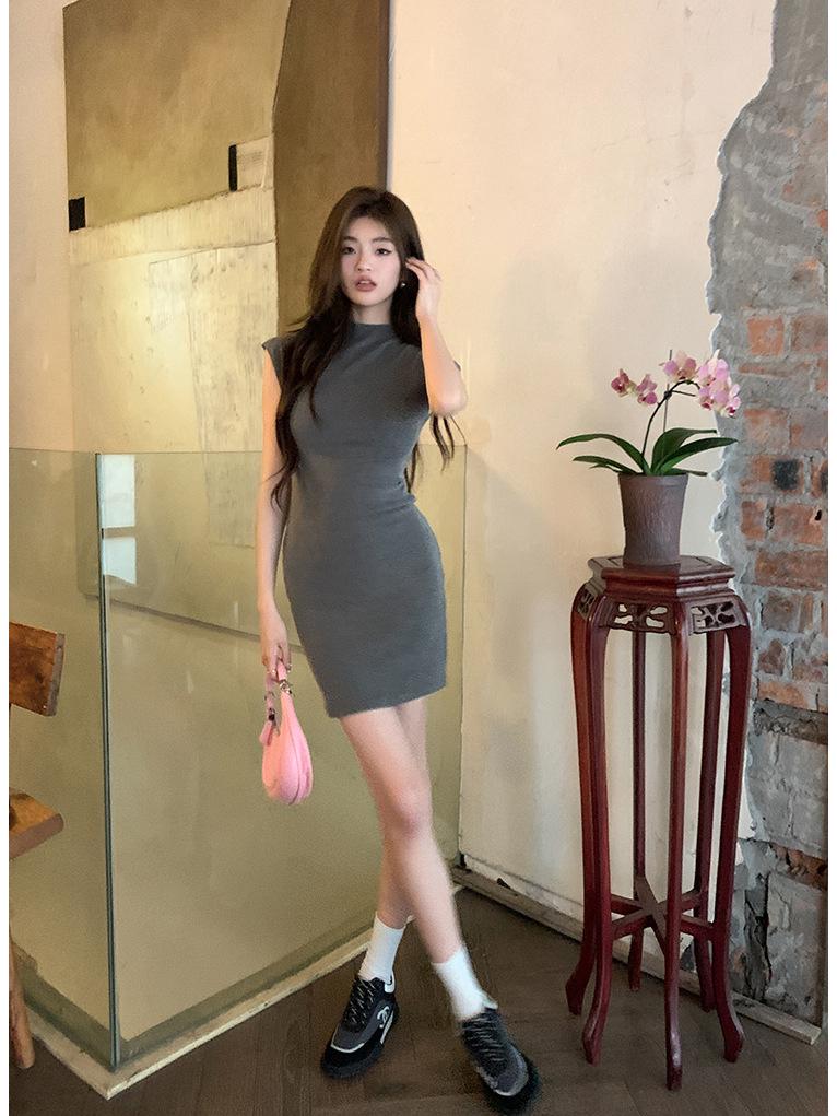 2026 Spring/Summer Elastic Half-High Collar Bodycon Dress - Hip-Hugging, Slimming Skirt for Women