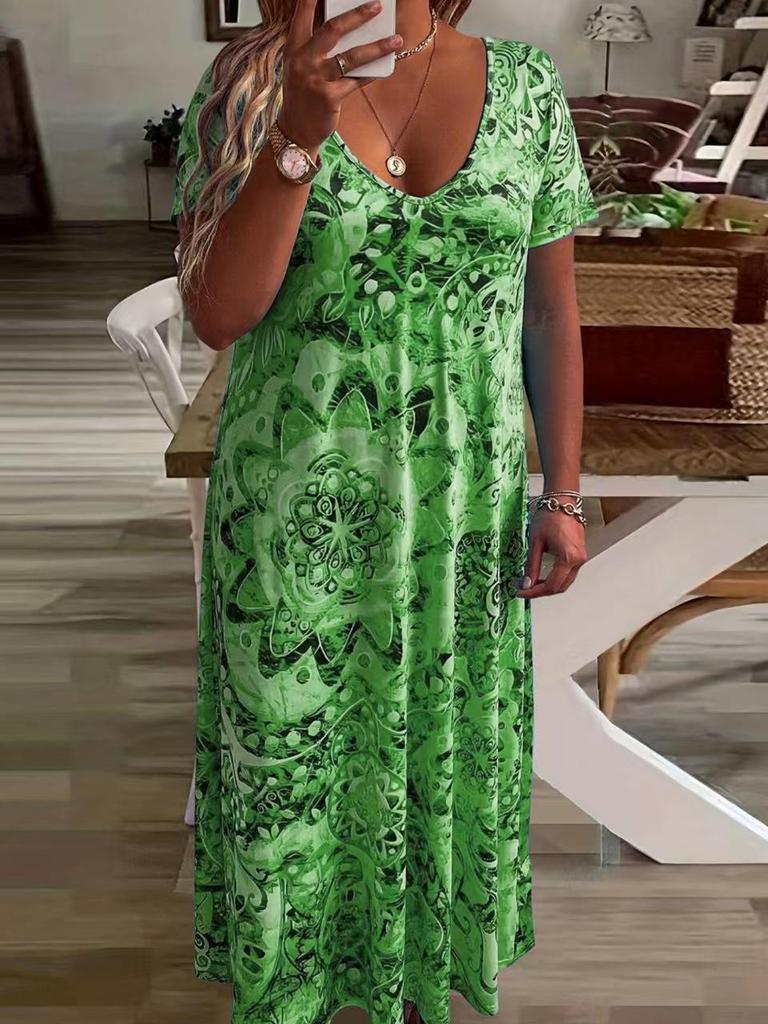 European-American Fashion Casual Vacation V-Neck Printed Long Dress with Short Sleeves