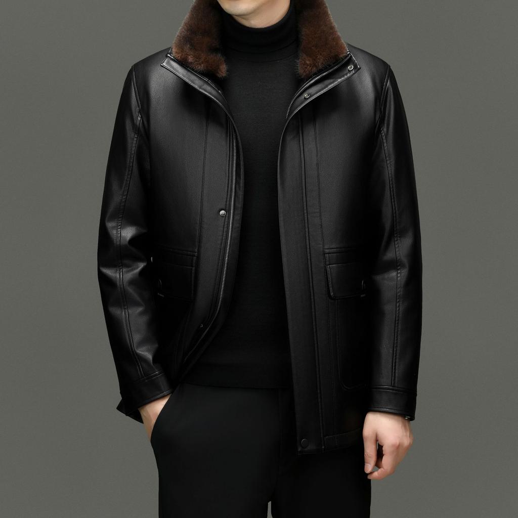 Herrenmantel aus Schaffell Herbst und Winter Mittelalterlich Lässig Revers Echtleder Mittellang Plus Samt