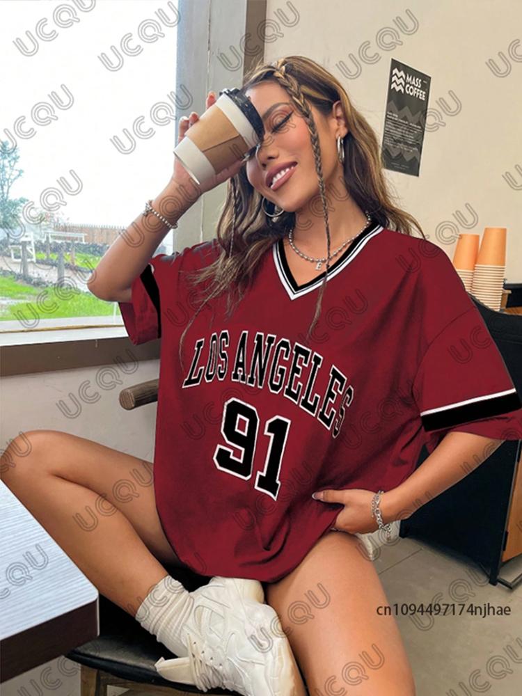 Summer New Los Angeles 91 Print T-Shirt For Women V-Neck Patchwork Short Sleeve Sports Football Jersey Y2K Loose Oversized Tops