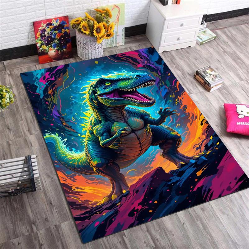 Neon Colorful T‑Rex Dinosaur Print Area Rug Non‑Slip Rectangular Floor Mat Prehistoric Beast Decor Rug for Gaming Room Bedroom Living Room