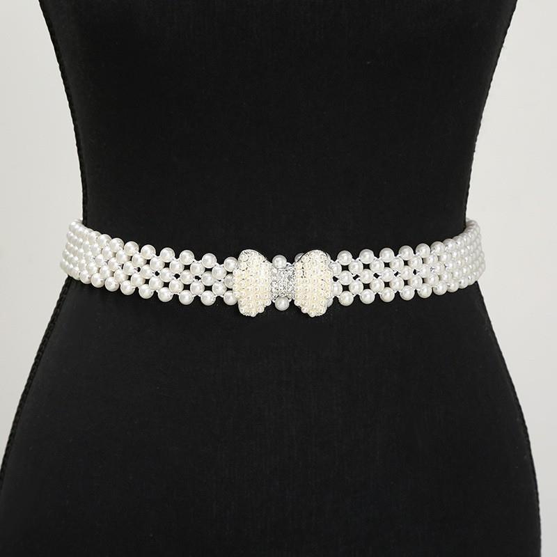 Ladies' Elastic Thin Waistband With Pearl  Waist Chain Simple Korean Style Drawstring Belt Women Apparel Accessories